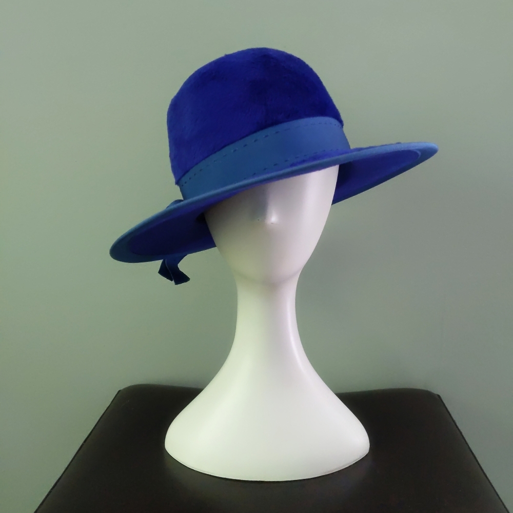 Vintage 1960s Empress Royal Blue Mod Fuzzy Fur Felt Wide Brim Floppy Hat
